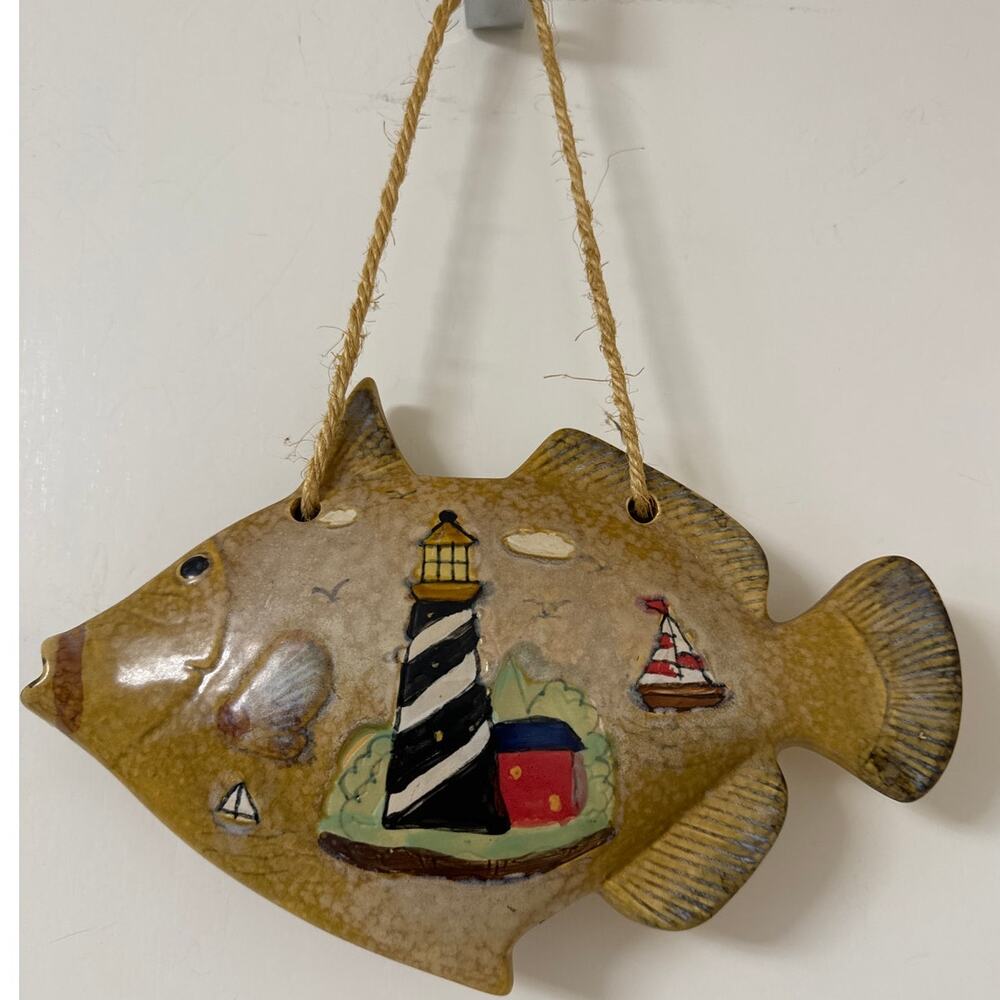 Rare Vintage Handmade Ceramic Tropical Fish Painted Lighthouse Wall Hanging Art